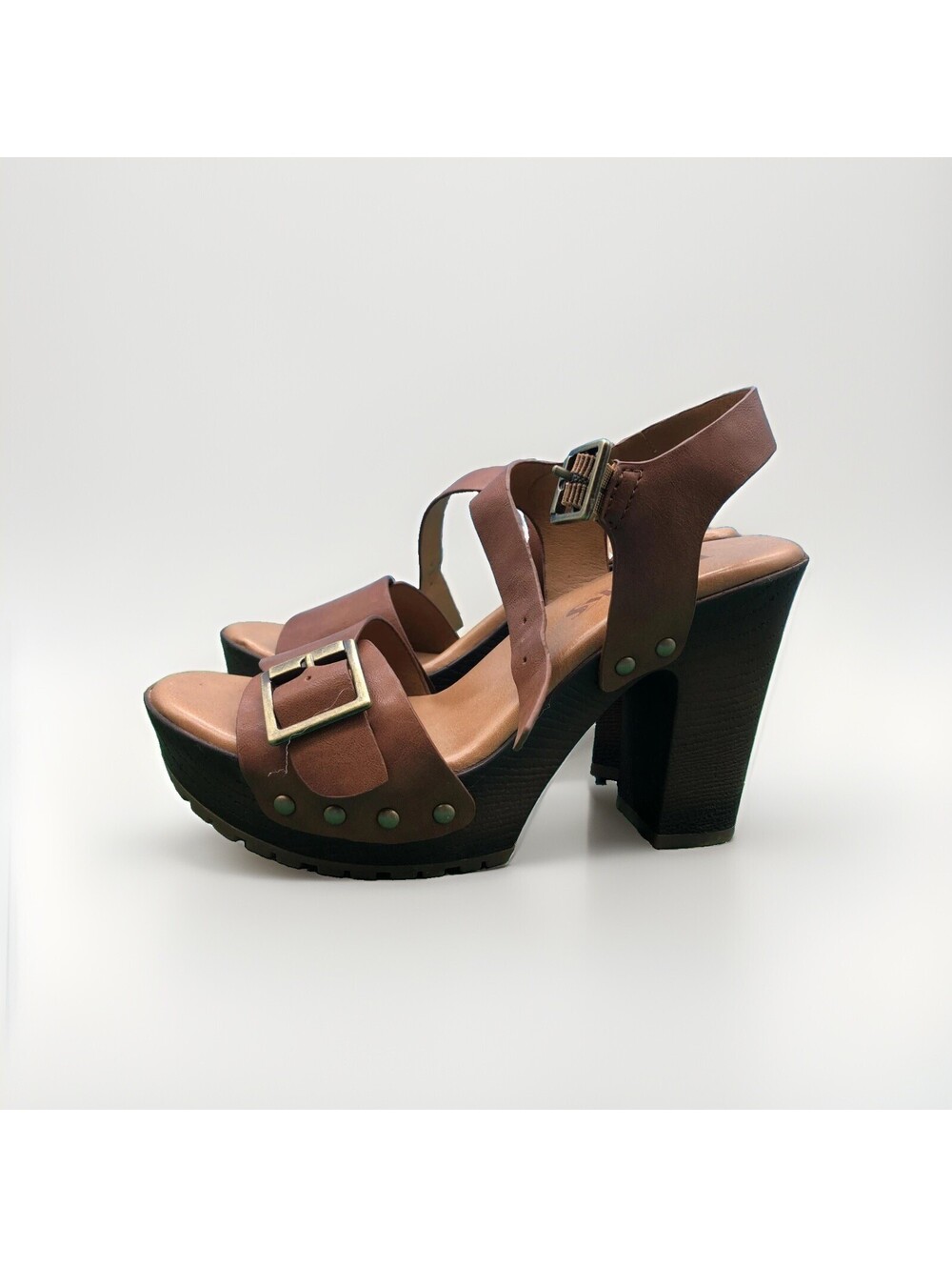 Korks Asana Shoes Womens Size 6 Brown Strappy Platform Sandal Block Heel Studs